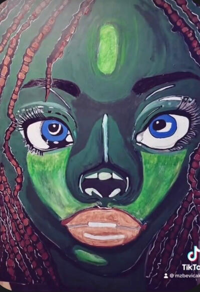 Earth Child (Acrylic with resin finish; $2,500) Earth Child embodies ancestral connection to land and origin. Through saturated greens and luminous resin, she represents grounding and renewal