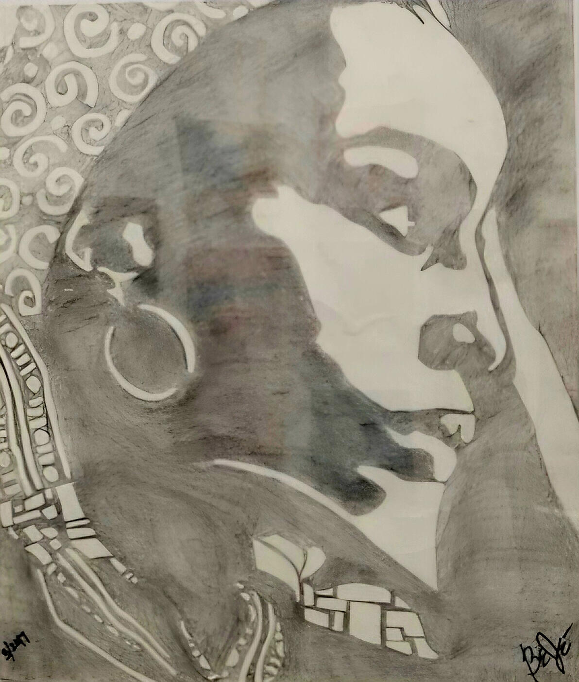 Desert Muse (Graphite on paper; framed $500) Desert Muse emerged during a creative drought. Inspired by Las Vegas, the piece reflects renewal and inspiration found in unexpected landscapes.