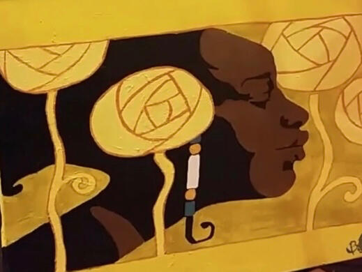 Sun-Kissed Chocolate (Acrylic with resin; $700 ) Sun-Kissed Chocolate celebrates radiant Black femininity through gold tones and intimate stillness. Inspired by tapestry aesthetics, she reflects warmth and reverence.