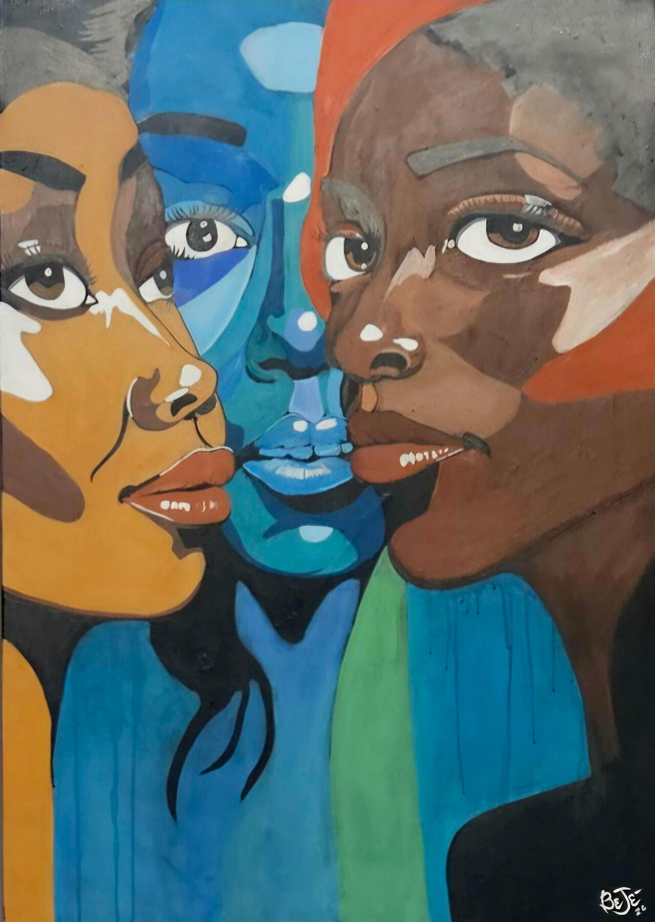 Trinity (Acrylic on canvas; $1,650) Trinity explores the layered nature of identity, the self the world sees, the see we believe ourselves to be, and the truest inner self.