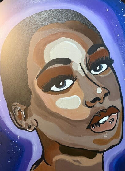 Aurelia (Acrylic on canvas; $2,100) Aurelia explores multiplicity within Black identity. Layered skin tones and surrounding light reflect ancestral depth an self-generated readiance.